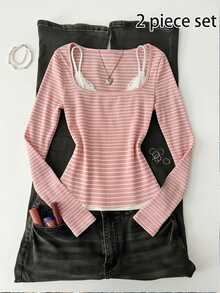 Attitoon Set 2pcs Gaya Minimalis Kasual, Cocok untuk Semua Ukuran: Tank Top Putih & Kaos Lengan Panjang Berkerah Persegi dengan Garis-garis Pink, Serbaguna untuk Musim Gugur/Dingin - MultiWarna - View 3