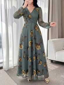 Feyla 新款玫瑰花優雅迷人女款高端收腰顯瘦洋裝 - 灰綠 - 查看 2