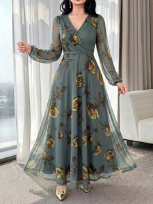 Feyla 新款玫瑰花優雅迷人女款高端收腰顯瘦洋裝 - 灰綠 - 查看 1