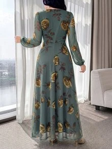 Feyla 新款玫瑰花優雅迷人女款高端收腰顯瘦洋裝 - 灰綠 - 查看 5