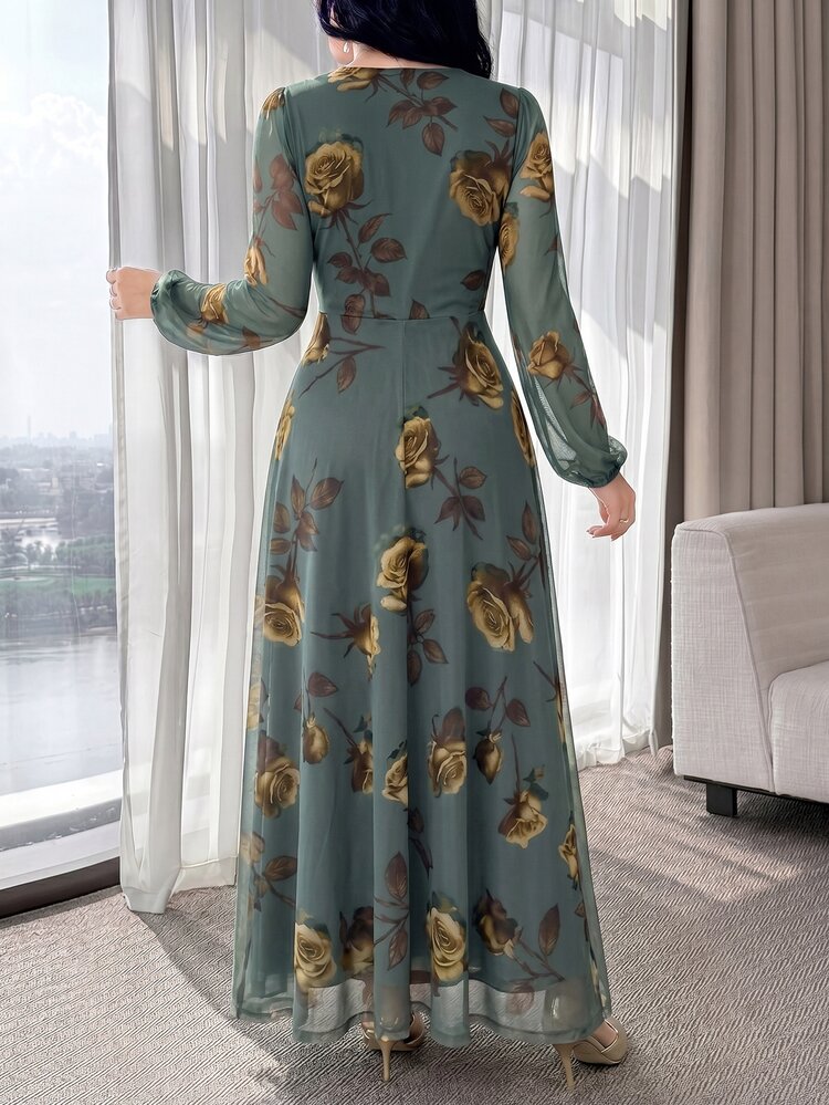 Feyla New Rose Flower Elegant Elegant Charming Women's High-End Waist-Cinching Slimming Dress - Gray green - View 5