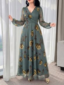 Feyla 新款玫瑰花優雅迷人女款高端收腰顯瘦洋裝 - 灰綠 - 查看 4
