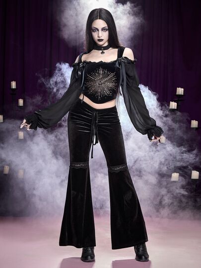 Goth Pantalon à jambes évasées avec cordon de serrage à l'avant et imprimé toile d'araignée