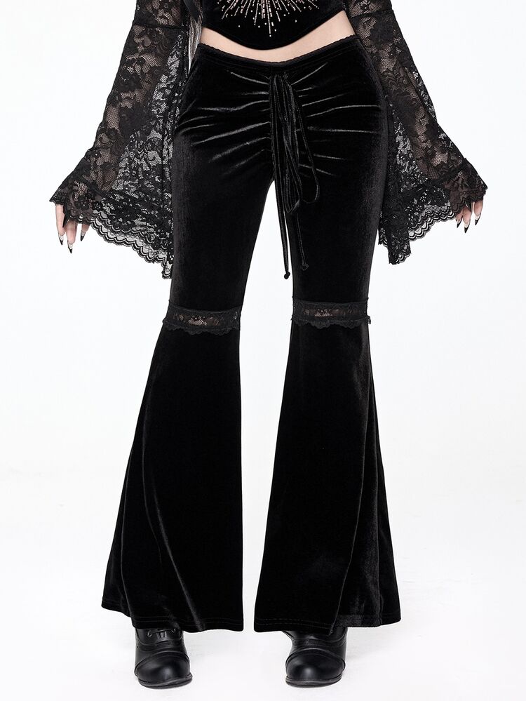 ROMWE Goth Spider Web Print Drawstring Front Flare Leg Pants - Black - View 2