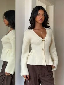 Aloruh Regular Women's Metal Button Cardigan - Apricot - View 6