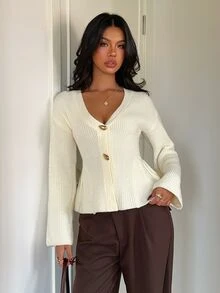 Aloruh Regular Women's Metal Button Cardigan - Apricot - View 5