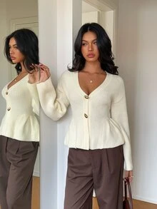 Aloruh Regular Women's Metal Button Cardigan - Apricot - View 7