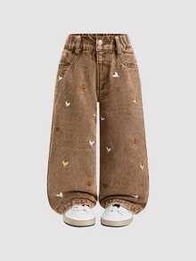 SHEIN Girls' Fashionable Cute Street Style Heart Embroidery Loose Straight Leg Denim Jeans Autumn Winter - Brown - View 3