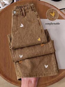 SHEIN Girls' Fashionable Cute Street Style Heart Embroidery Loose Straight Leg Denim Jeans Autumn Winter - Brown - View 1