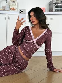 ZzzCrew Women's Sexy V-Neck Brown & Pink Polka Dot Print Lace Trim Pajama Set - Brown - View 6