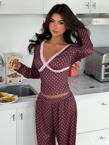 ZzzCrew Women's Sexy V-Neck Brown & Pink Polka Dot Print Lace Trim Pajama Set - Brown - View 4