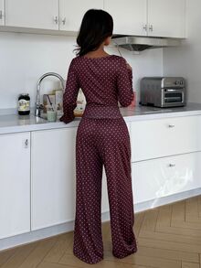 ZzzCrew Women's Sexy V-Neck Brown & Pink Polka Dot Print Lace Trim Pajama Set - Brown - View 2