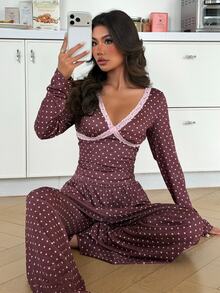 ZzzCrew Women's Sexy V-Neck Brown & Pink Polka Dot Print Lace Trim Pajama Set - Brown - View 5
