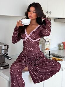 ZzzCrew Women's Sexy V-Neck Brown & Pink Polka Dot Print Lace Trim Pajama Set - Brown - View 3