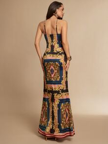 Silquee 女款全印花休閒派對掛脖洋裝 西式女裝 秋冬洋裝 優雅女式洋裝 節慶穿搭 - 棕色 - 查看 4