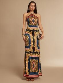 Silquee 女款全印花休閒派對掛脖洋裝 西式女裝 秋冬洋裝 優雅女式洋裝 節慶穿搭 - 棕色 - 查看 5