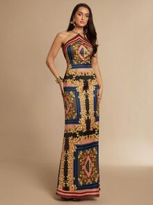 Silquee 女款全印花休閒派對掛脖洋裝 西式女裝 秋冬洋裝 優雅女式洋裝 節慶穿搭 - 棕色 - 查看 7