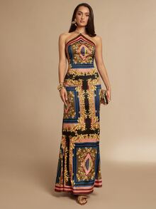 Silquee 女款全印花休閒派對掛脖洋裝 西式女裝 秋冬洋裝 優雅女式洋裝 節慶穿搭 - 棕色 - 查看 6