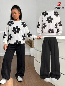 Tween Girl 1pc Floral Print Drop Shoulder Pullover Sweatshirt & 1pc Seam Front Wide Leg Pants Set,Fall,Fall Outfits,Autumn/Winter,Long Sleeve Top,Pull - Black - View 8
