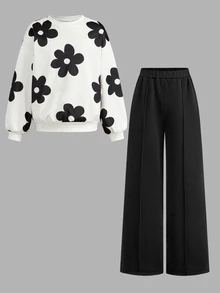 Tween Girl 1pc Floral Print Drop Shoulder Pullover Sweatshirt & 1pc Seam Front Wide Leg Pants Set,Fall,Fall Outfits,Autumn/Winter,Long Sleeve Top,Pull - Black - View 7