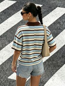 Seusyu 馬標誌藍白條紋休閒學院風運動上衣，女款時尚拉鍊領短袖寬鬆T恤，適合夏季度假、校園與日常穿著 - 彩色 - 查看 3