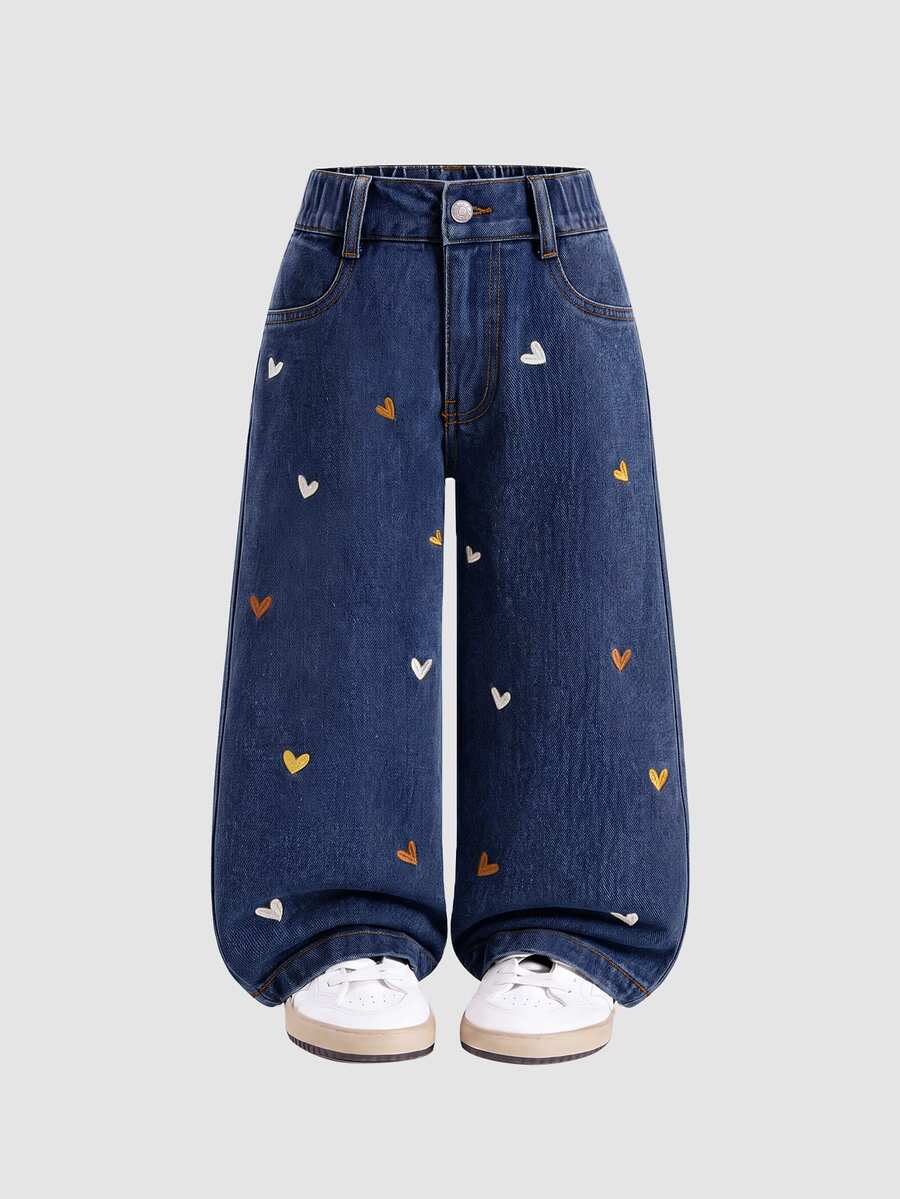 SHEIN Girls' Fashionable Cute Street Style Heart Embroidered Loose Straight Leg Denim Jeans - Royal Blue - View 1
