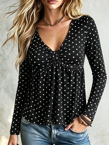 IslaSuriya Elegant Polka Dot V-Neck Ruched Waist Long Sleeve Blouse For Daily Wear, Dating, Outing And Shopping - Multicolor - View 3
