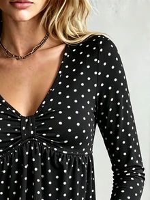 IslaSuriya Elegant Polka Dot V-Neck Ruched Waist Long Sleeve Blouse For Daily Wear, Dating, Outing And Shopping - Multicolor - View 4