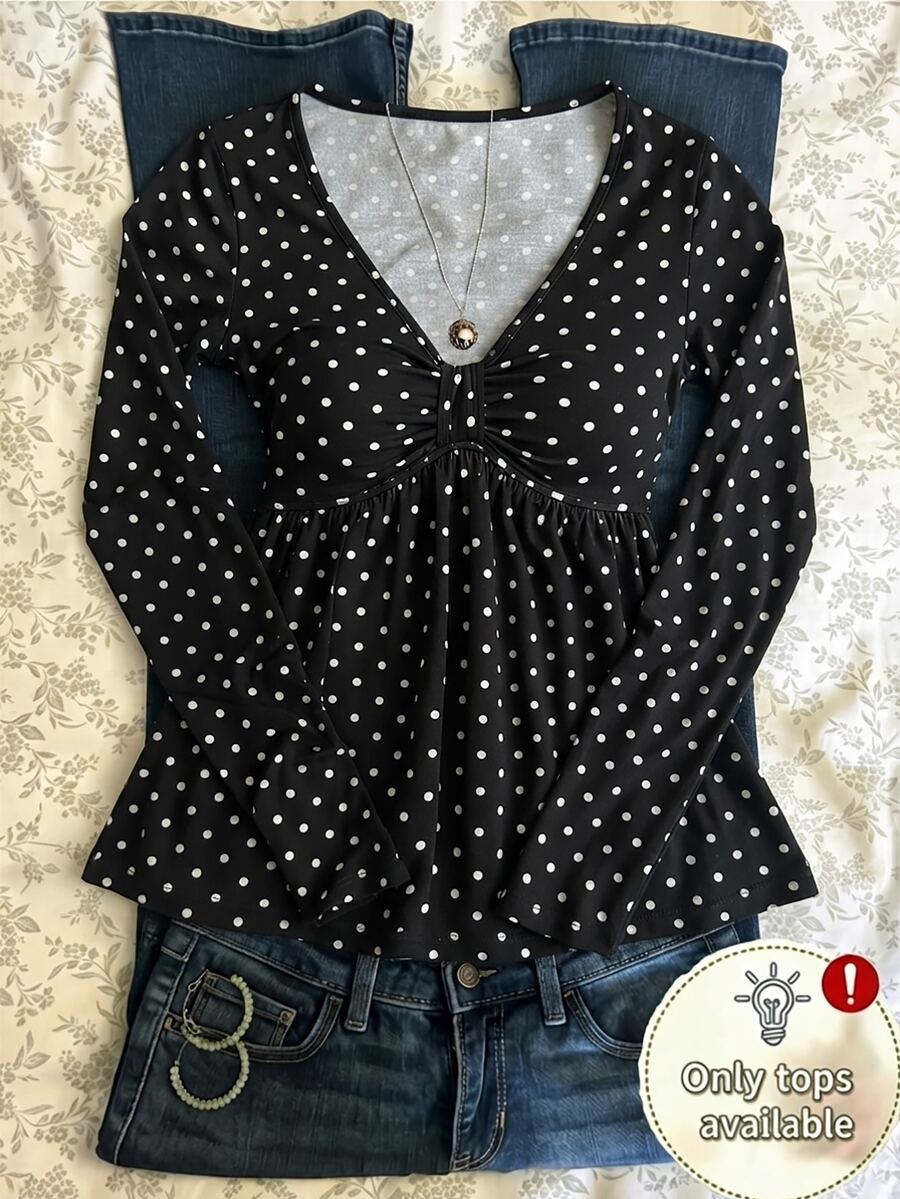 IslaSuriya Elegant Polka Dot V-Neck Ruched Waist Long Sleeve Blouse For Daily Wear, Dating, Outing And Shopping - Multicolor - View 1