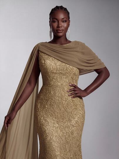 Elitara Plus Size Elegant Apricot Luxurious Romantic 3D Lace Cord Fabric Minimalist Sophisticated Side Flutter Sleeve Off-Shoulder Chiffon Patchwork Spaghetti Strap Sexy Graceful High Waist Slimming Long Straight Bodycon Dress Suitable For Bride Gift Party All Formal Evening Gowns