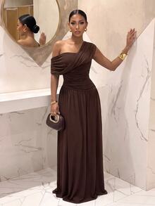 Slaydiva Elegant Brown A-Line Ruched Asymmetrical Shoulder Greek Goddess Ruched Dress - A - Blue - View 5