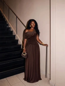 Slaydiva Elegant Brown A-Line Ruched Asymmetrical Shoulder Greek Goddess Ruched Dress - A - Blue - View 4