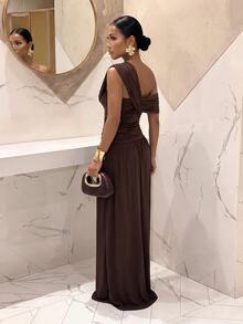 Slaydiva Elegant Brown A-Line Ruched Asymmetrical Shoulder Greek Goddess Ruched Dress - A - Blue - View 3