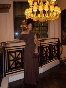 Slaydiva Elegant Brown A-Line Ruched Asymmetrical Shoulder Greek Goddess Ruched Dress - A - Blue - View 8