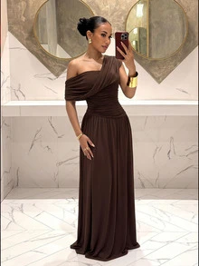 Slaydiva Elegant Brown A-Line Ruched Asymmetrical Shoulder Greek Goddess Ruched Dress - A - Blue - View 2