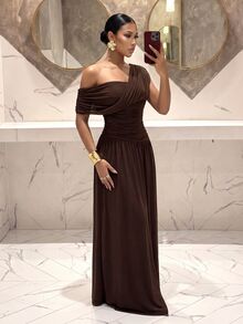 Slaydiva Elegant Brown A-Line Ruched Asymmetrical Shoulder Greek Goddess Ruched Dress - A - Blue - View 6