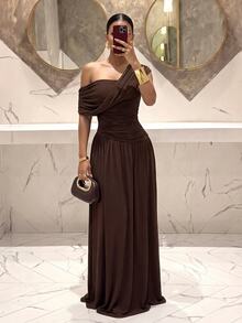 Slaydiva Elegant Brown A-Line Ruched Asymmetrical Shoulder Greek Goddess Ruched Dress - A - Blue - View 7