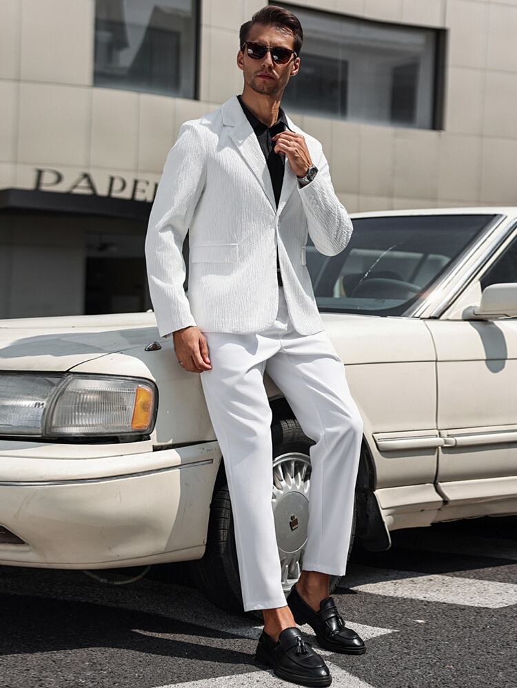 Manfinity Mode Men's Business Formal Textured Solid Lapel Collar Suit Set(Blazer Jacket And Pants) - White - View 1