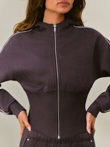 GLOWMODE Cozy Street Collection Everyday Fleece Coffee Run Waist-Length Hooded Bomber With Ribbed Hem & Metallic Details Daily Casual Fall Winter Wear - Dark Truffle - View 3