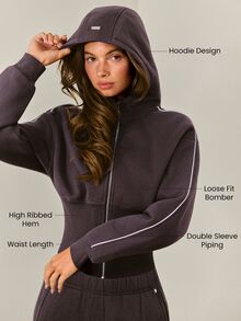 GLOWMODE Cozy Street Collection Everyday Fleece Coffee Run Waist-Length Hooded Bomber With Ribbed Hem & Metallic Details Daily Casual Fall Winter Wear - Dark Truffle - View 2