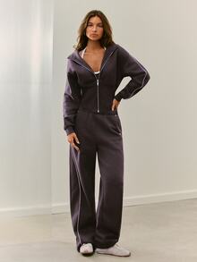 GLOWMODE Cozy Street Collection Everyday Fleece Coffee Run Waist-Length Hooded Bomber With Ribbed Hem & Metallic Details Daily Casual Fall Winter Wear - Dark Truffle - View 7