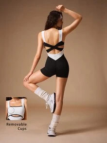 VARSIVA Women's Colorblock Criss-Cross Back Sleeveless Sports Activewear Romper Romper - Black and White - View 3