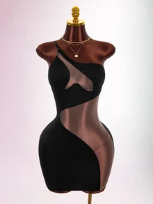 Amplova 女款黑色 Y2K 網格拼接鋼圈單肩可調肩帶貼身半透繃帶迷你洋裝，萬聖節夜店派對外出夏季洋裝 - 黑色 - 查看 1