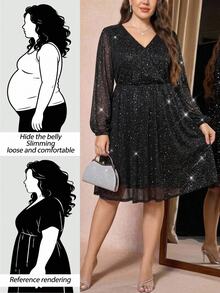 SHEIN LUNE Plus Size Women's V-Neck Sequin Fashion Date Party Dress Fall - Black - View 2