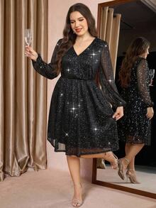 SHEIN LUNE Plus Size Women's V-Neck Sequin Fashion Date Party Dress Fall - Black - View 9