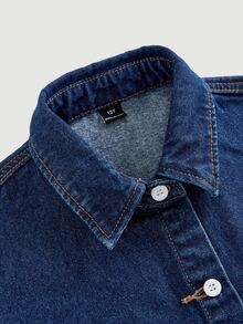 SHEIN Kids 2Pcs Tween Girl Loose Y2k Comfortable Warm Brushed Dark Blue Denim Loose Shirt And Jeans For School - Blue - View 3