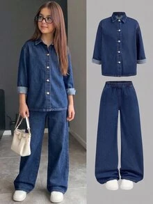 SHEIN Kids 2Pcs Tween Girl Loose Y2k Comfortable Warm Brushed Dark Blue Denim Loose Shirt And Jeans For School - Blue - View 1