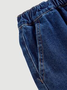 SHEIN Kids 2Pcs Tween Girl Loose Y2k Comfortable Warm Brushed Dark Blue Denim Loose Shirt And Jeans For School - Blue - View 4