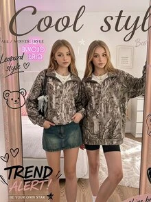 SHEIN Sparklyn 青少年女孩 迷彩枯葉印花半拉鍊落肩抓絨運動衫 街頭復古風 秋季 Y2K 運動風 萬聖節 灰色 - 彩色 - 查看 3
