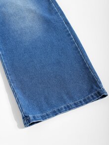 SHEIN 女款 Y2K 秋季雙腰彈性腰帶藍白休閒寬鬆寬腿牛仔褲，對比色腰帶，2合1設計；深藍色水洗牛仔褲，抽繩腰帶設計，適合返校季、大學、學校 - 深色水洗藍 - 查看 5
